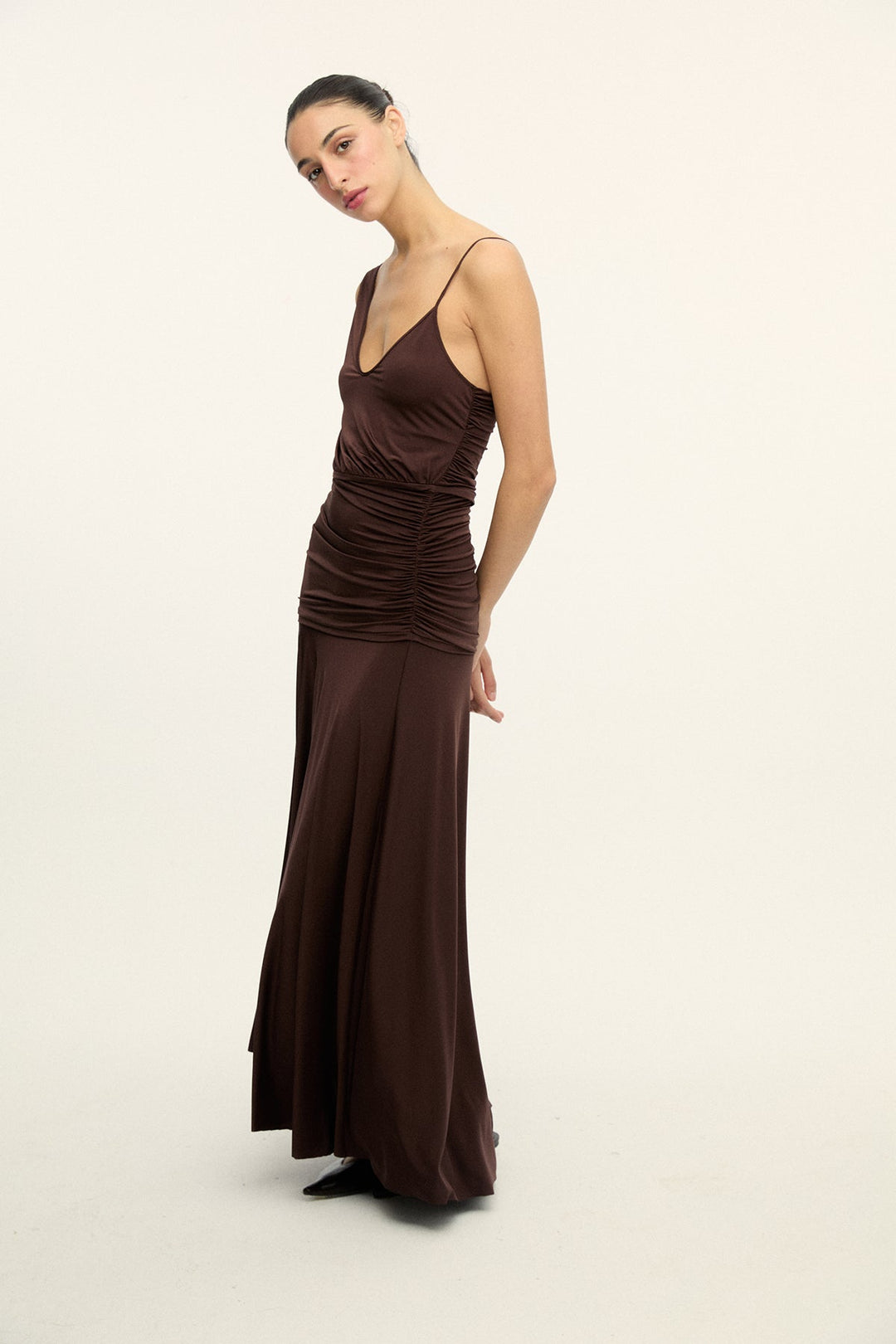 PABLO - STRETCHY DRESS WITH ASYMMETRICAL SHOULDER DETAIL - BROWN