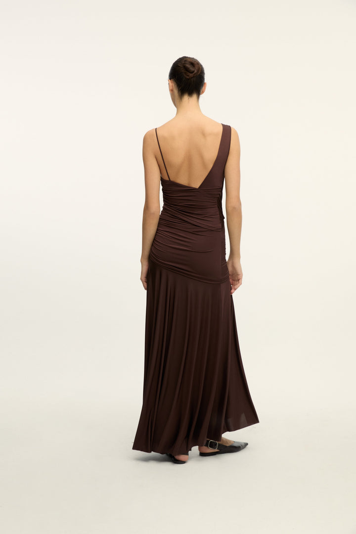 PABLO - STRETCHY DRESS WITH ASYMMETRICAL SHOULDER DETAIL - BROWN