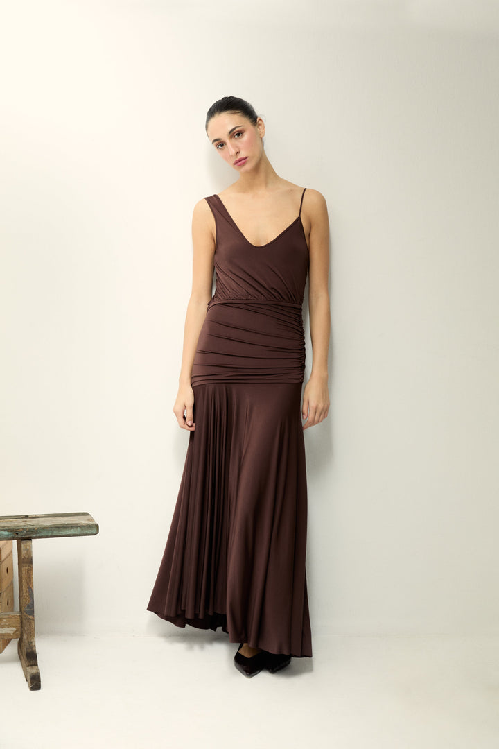 PABLO - STRETCHY DRESS WITH ASYMMETRICAL SHOULDER DETAIL - BROWN