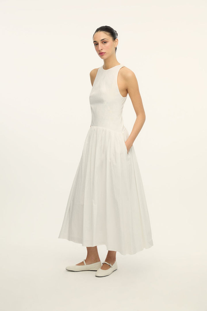 EMILIA - SLEEVELESS LONG DRESS WITH PLEATED SKIRT - OFF WHITE