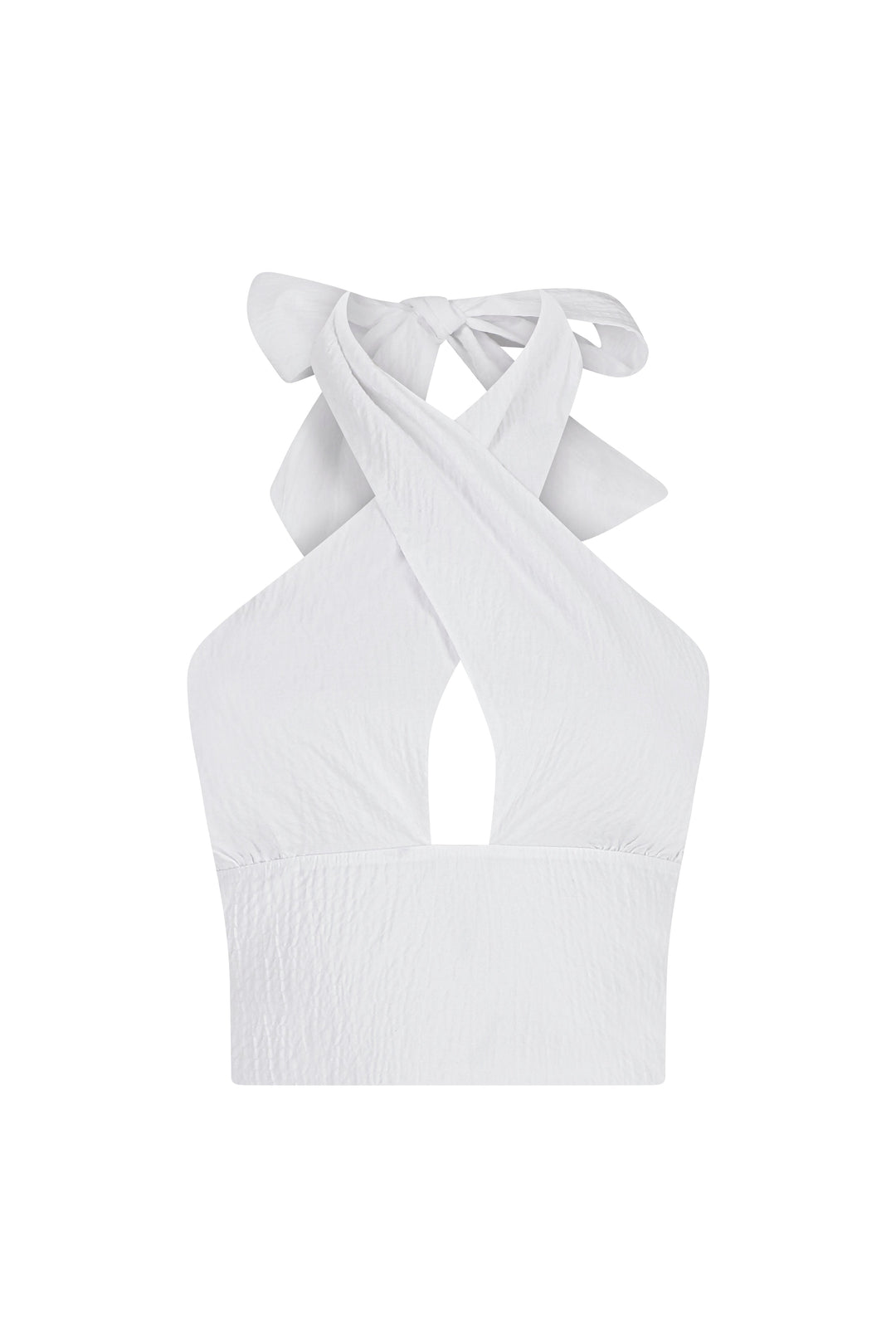 Cove - White Crinkled Bow Halter Crop Top