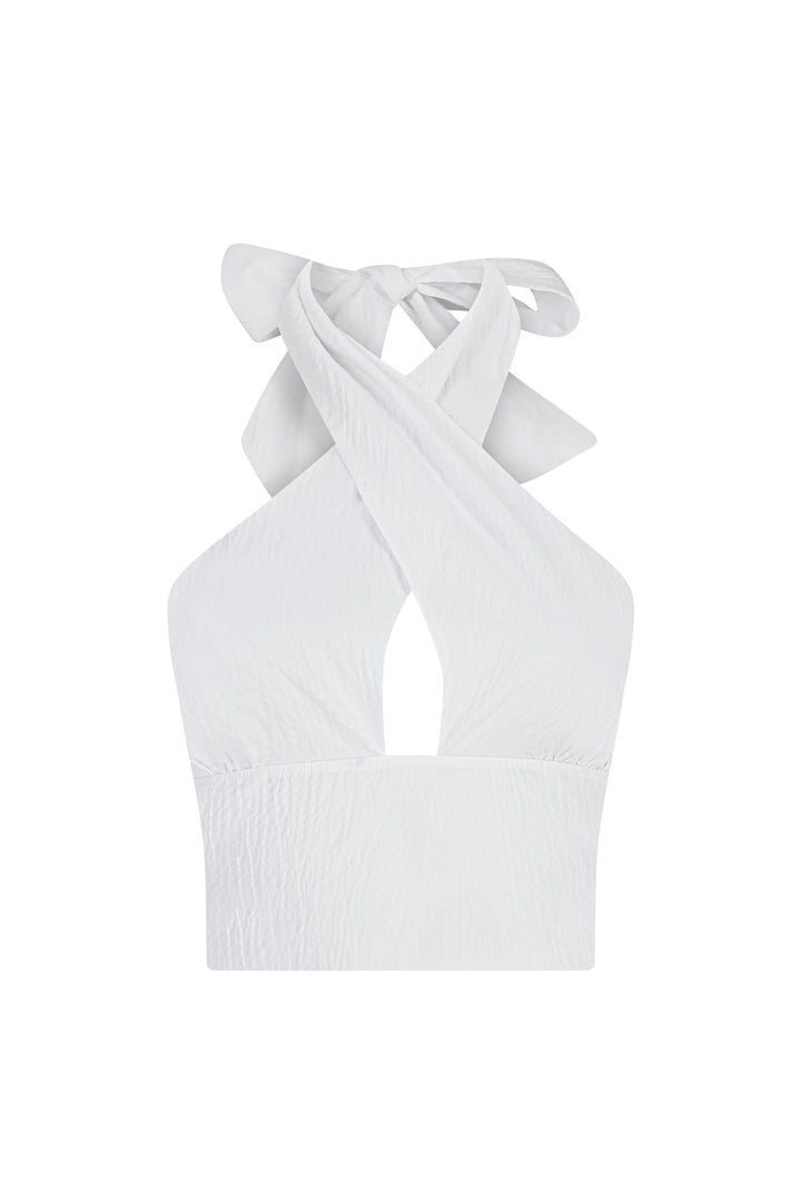 Cove - White Crinkled Bow Halter Crop Top