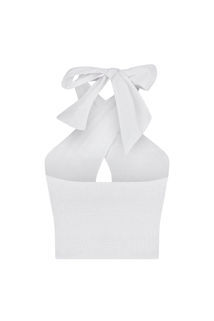 Cove - White Crinkled Bow Halter Crop Top