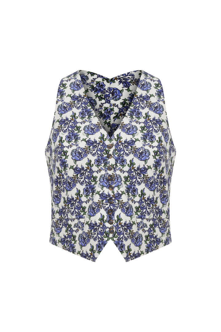 Patty - Cotton Halterneck Ecru Printed Vest