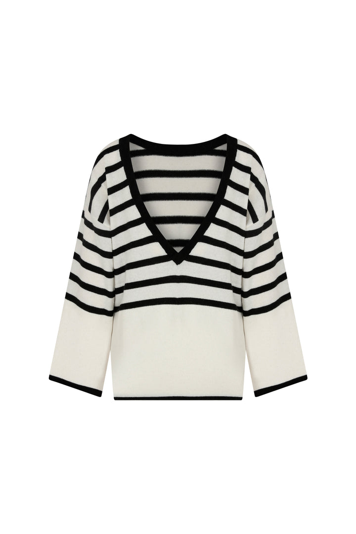 Tete - Open Back Cashmere Blended White & Black Striped Sweater