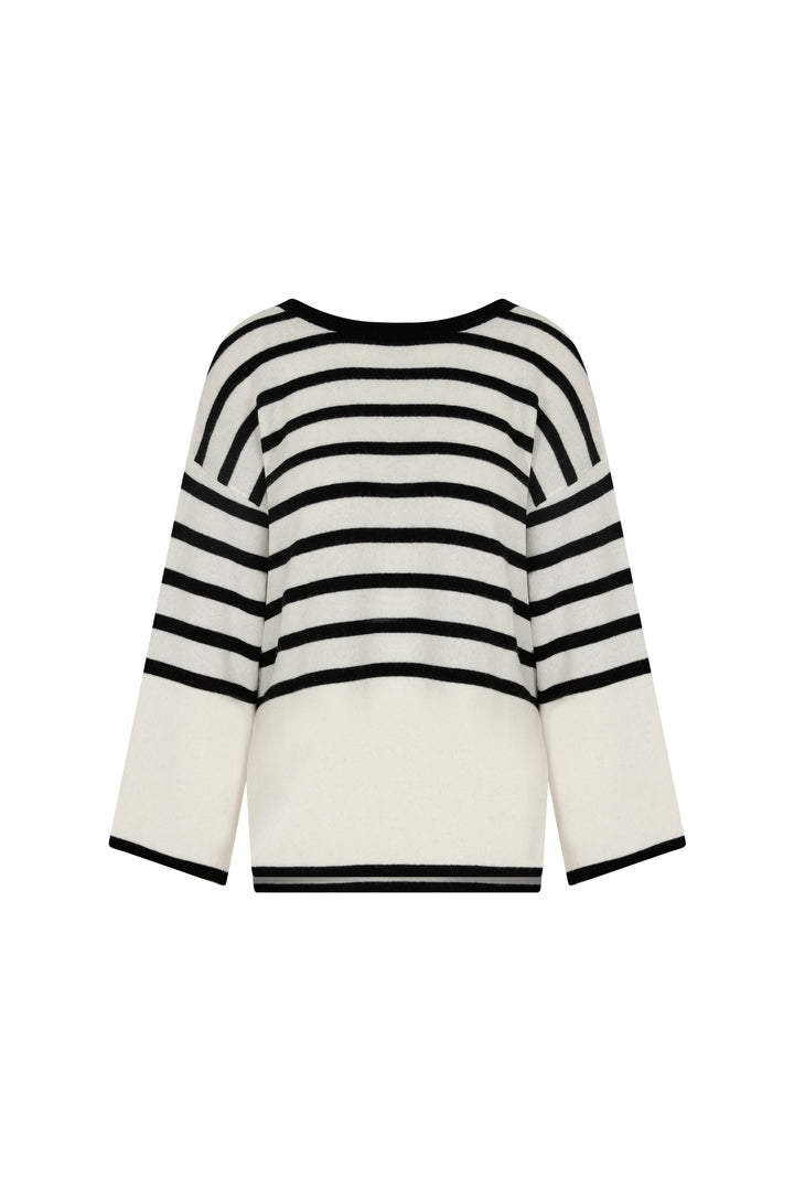 Tete - Open Back Cashmere Blended White & Black Striped Sweater