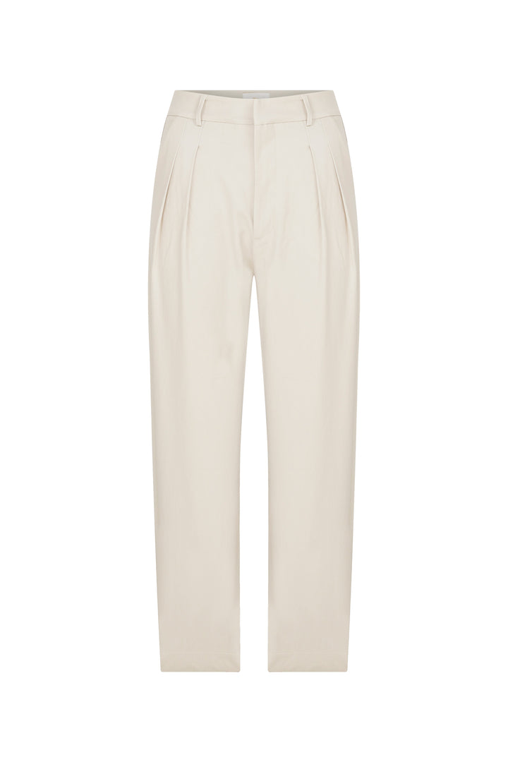 Poca - Ecru Belted Stretch Straight-Leg Pants